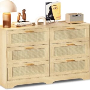 Redlife 6 Drawer Rattan Dresser for Bedroom, Modern Double Dresser with Gold Handles, Wood Storage Chest of Drawers for Closet, Living Room, Hallway and Entryway, Natural