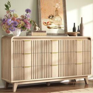 GOODONE 57" Fluted Dresser for Bedroom with 9 Drawers - Wood Dressers & Chests of Drawers, Curved Profile Design, Dresser for Closet, Bedroom, Hallway (Natural Oak)