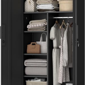 IRONFFICE Metal Storage Cabinet,Steel Armoire Wardrobe Closet with Adjustable Shelves,Hanging Rod,Almirah for Clothes,Locking Wardrobe Cabinet for Bedroom,Home,Black