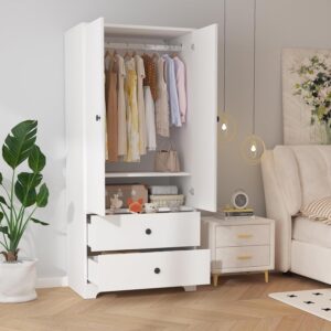 Garvee 71" Armoire Wardrobe Closet, Modern Wooden Bedroom Armoire with 2 Drawers & 2 Doors and Adjustable Shelves，Clothing Storage Cabinet with Aluminum Hanging Rod, Locker